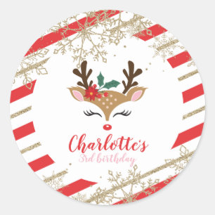 Christmas Reindeer Birthday Gold Snowflakes Stripe Classic Round Sticker