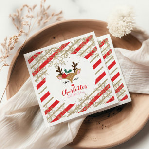 Christmas Reindeer Birthday Gold Snowflakes Stripe Napkin