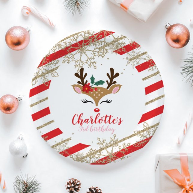 Christmas Reindeer Birthday Gold Snowflakes Stripe Paper Plate (Creator Uploaded)
