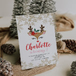 Christmas Reindeer Birthday Invitation<br><div class="desc">Christmas Reindeer girl birthday party invitation with cute reindeer face,  gold glitter snowflakes and christmas stripe back.</div>