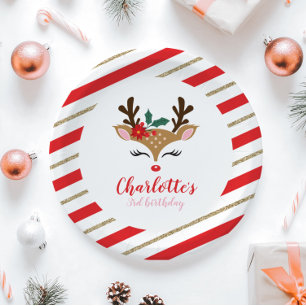 Christmas Reindeer Birthday Red Gold Stripes Paper Plate