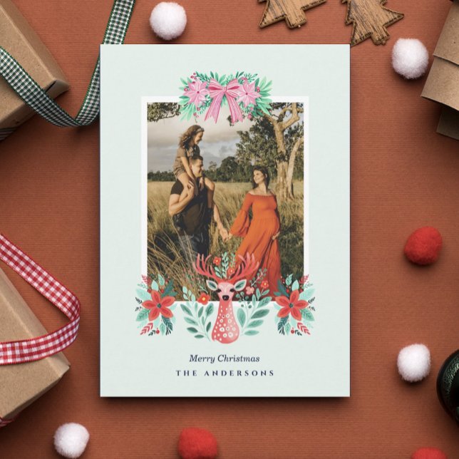 Christmas Reindeer Botanical Red Floral Photo Holiday Card (Creator Uploaded)