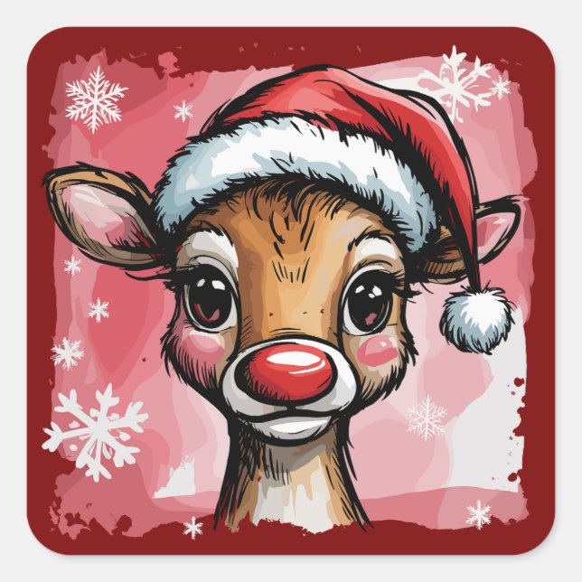 Christmas Reindeer Brushstrokes Preppy Xmas Girly Square Sticker (Front)