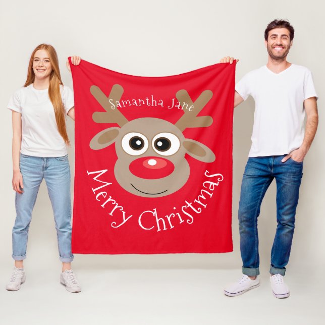 Christmas Reindeer Cartoon Named Red Script Fleece Blanket (In Situ)