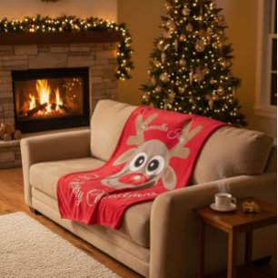 Christmas Reindeer Cartoon Named Red Script Fleece Blanket