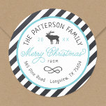 Christmas Reindeer Circle Return Address Label<br><div class="desc">Affordable custom printed round return address stickers personalised with your family name, the year and your return address. This fun design features a striped background, reindeer graphic and modern rustic typography in aqua, white and charcoal grey colours. The text reads "Merry Christmas" in a trendy script font. Use the design...</div>