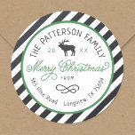 Christmas Reindeer Circle Return Address Label<br><div class="desc">Affordable custom printed round return address stickers personalised with your family name, the year and your return address. This fun design features a striped background, reindeer graphic and modern rustic typography in green, white and charcoal grey colours. The text reads "Merry Christmas" in a trendy script font. Use the design...</div>