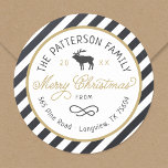 Christmas Reindeer Circle Return Address Label<br><div class="desc">Affordable custom printed round return address stickers personalised with your family name, the year and your return address. This fun design features a striped background, reindeer graphic and modern rustic typography in gold, white and charcoal grey colours. The text reads "Merry Christmas" in a trendy script font. Use the design...</div>