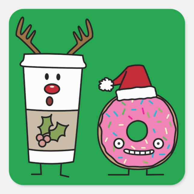 Christmas Reindeer Coffee and Santa Doughnut Square Sticker (Front)