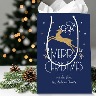 Christmas Reindeer Custom Name Midnight Blue Medium Gift Bag