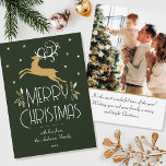 Christmas Reindeer Custom Photo Dark Green Gold Card<br><div class="desc">Stylish flat Christmas card with an Art Deco style and your own custom photo on the back. This stylish template features a leaping reindeer, festive leaves and stars in a colour palette of dark green, white and faux gold. The text can be personalised with a name, date and a personal...</div>