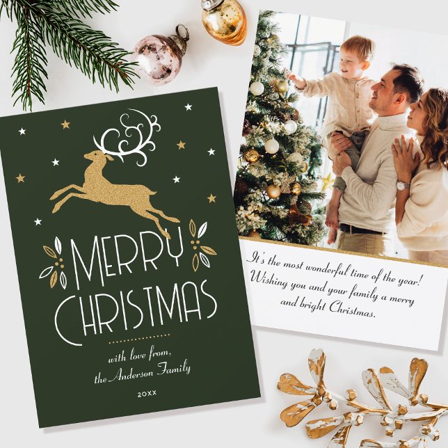 Christmas Reindeer Custom Photo Dark Green Gold Card (Creator Uploaded)