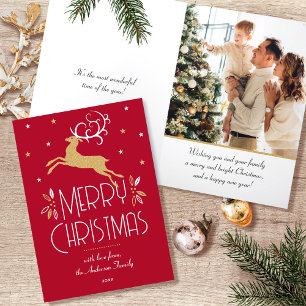 Christmas Reindeer & Custom Photo Deep Red Gold Holiday Card