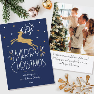 Christmas Reindeer Custom Photo Midnight Blue Flat Card