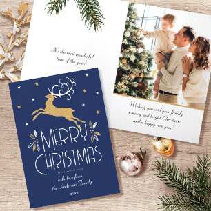 Christmas Reindeer & Custom Photo Midnight Blue Holiday Card
