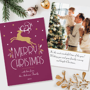 Christmas Reindeer Custom Photo Plum Gold Flat Card