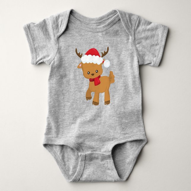 Christmas Reindeer, Cute Reindeer, Santa Hat Baby Bodysuit (Front)