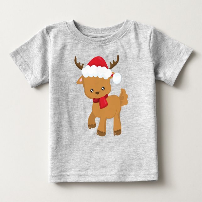 Christmas Reindeer, Cute Reindeer, Santa Hat Baby T-Shirt (Front)