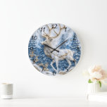 Christmas Reindeer Delight Décor Large Clock<br><div class="desc">Amid a snowy landscape,  intricate Christmas clocks adorn a serene setting,  surrounded by vibrant blue trees.</div>