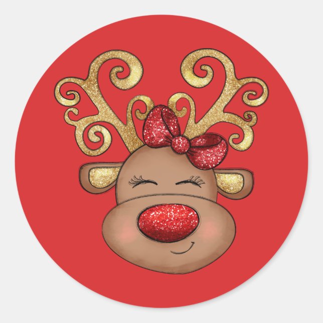 Christmas reindeer face cute red gold holiday  classic round sticker (Front)