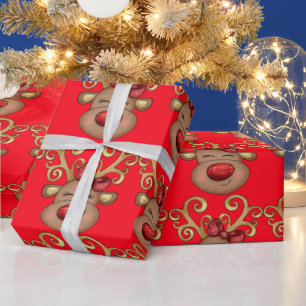 Christmas reindeer face holiday pattern red gold wrapping paper