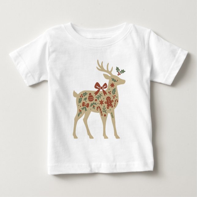 Christmas Reindeer Floral Art Baby T-Shirt (Front)