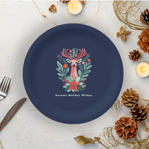Christmas Reindeer Floral Blue Holiday Paper Plate