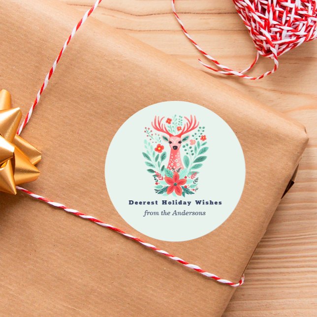 Christmas Reindeer Floral Mint Holiday  Classic Round Sticker (Creator Uploaded)