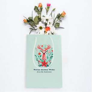 Christmas Reindeer Floral Mint Holiday  Medium Gift Bag