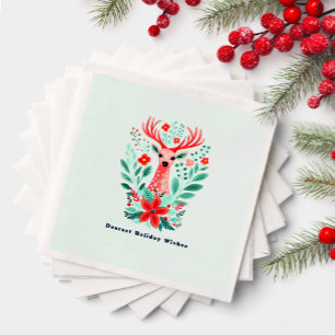 Christmas Reindeer Floral Mint Holiday  Napkin