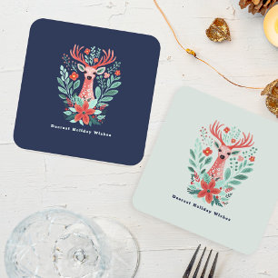Christmas Reindeer Floral Mint Holiday  Square Paper Coaster