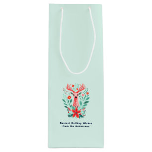 Christmas Reindeer Floral Mint Holiday  Wine Gift Bag