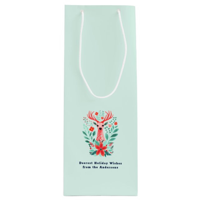 Christmas Reindeer Floral Mint Holiday  Wine Gift Bag (Front)