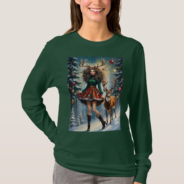 Christmas Reindeer Girl With Antlers Snowy Night T-Shirt (Front)