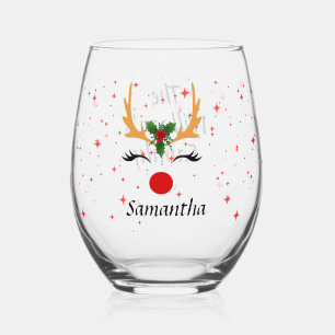  Christmas Reindeer girls Personlized  Stemless Wine Glass