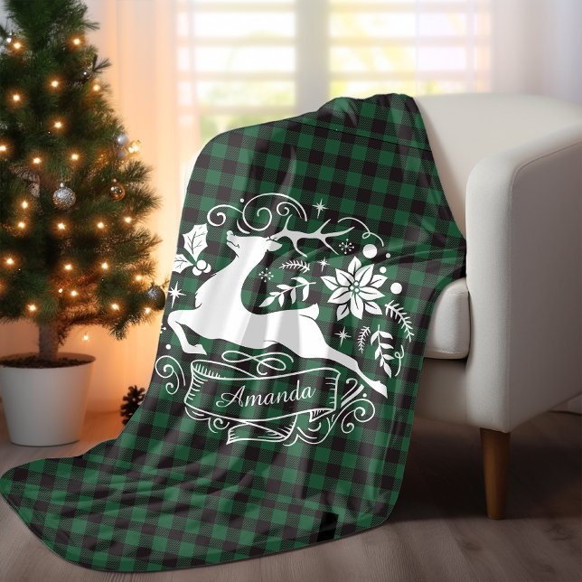  Christmas reindeer green baffalo plaid monogram  Fleece Blanket (Creator Uploaded)