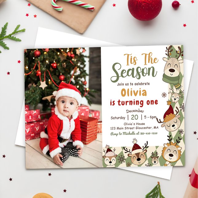  Christmas Reindeer Green Birthday Party Photo Invitation (Creator Uploaded)