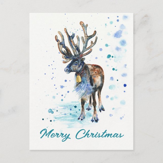 Christmas Reindeer Hand-Painted Watercolor Holiday Postcard (Front)