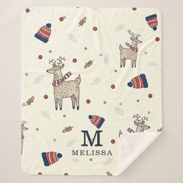 Christmas Reindeer Hats Pattern Personalised Sherpa Blanket (Front)