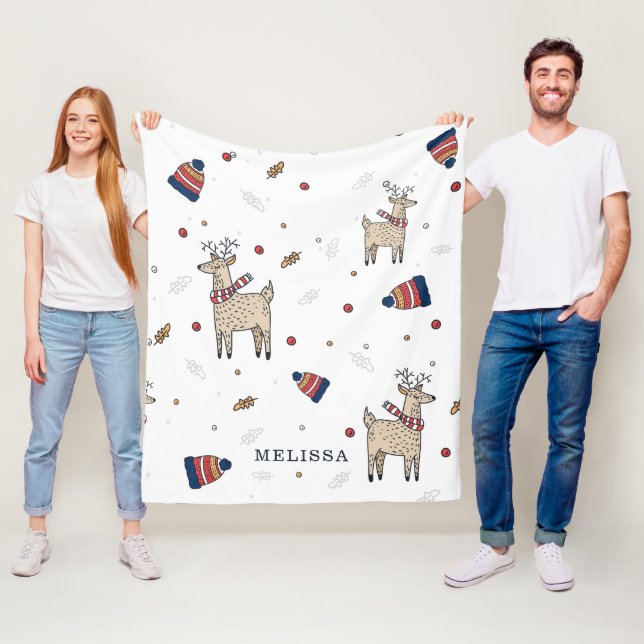 Christmas Reindeer Hats Rustic Personalised Fleece Blanket (In Situ)