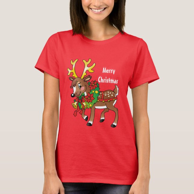 Christmas Reindeer Holiday cartoon t-shirt (Front)