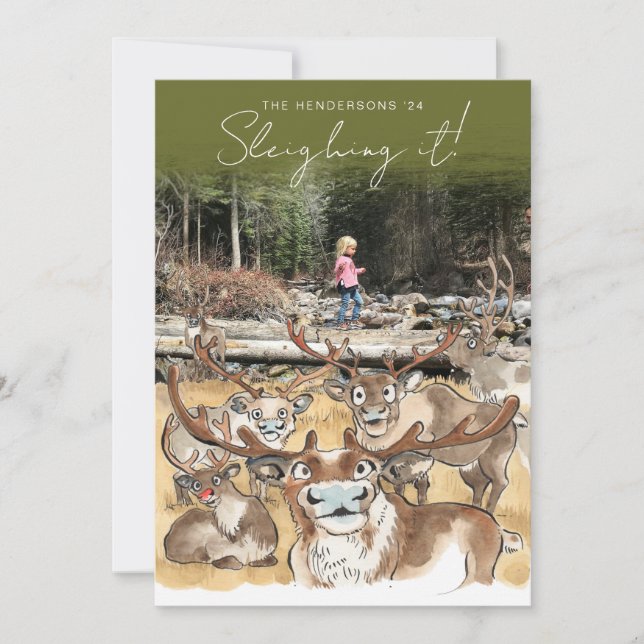 Christmas Reindeer holiday photocard Olive Green Card (Front)