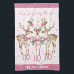 Christmas Reindeer Jingle & Mingle Personalised Tea Towel<br><div class="desc">Christmas Reindeer Jingle & Mingle Festive Party Personalised Name Kitchen Towel features festive reindeer with pink bows and floral accents with the text "Let's Jingle & Mingle" in modern pink calligraphy script typography with your personalised name. Perfect personalised gift for Christmas and the holidays for family and friends. Designed by...</div>