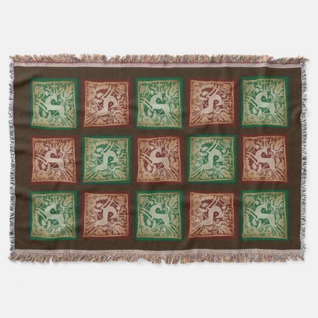 Christmas Reindeer Lace Patchwork Red Green Brown Throw Blanket (Front)