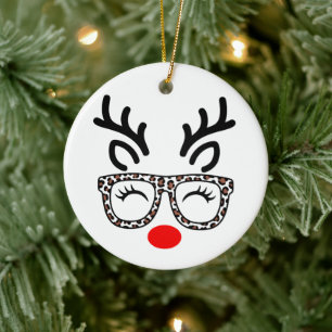 Christmas Reindeer Leopard Glasses Holiday Ceramic Tree Decoration