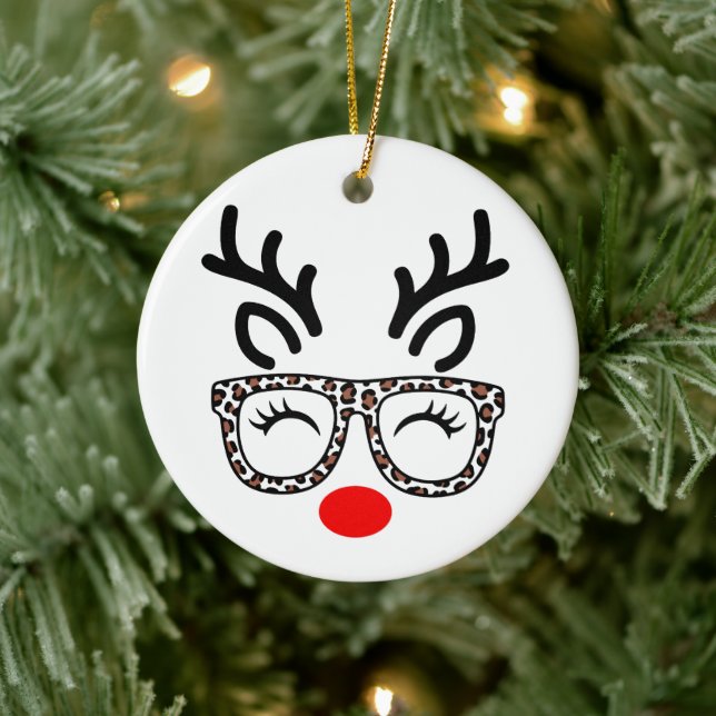 Christmas Reindeer Leopard Glasses Holiday Ceramic Tree Decoration (Tree)
