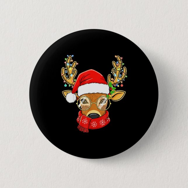 Christmas Reindeer Lights Gles Santa Hat Deer Xmas 6 Cm Round Badge (Front)