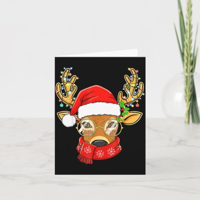 Christmas Reindeer Lights Gles Santa Hat Deer Xmas Card (Front)