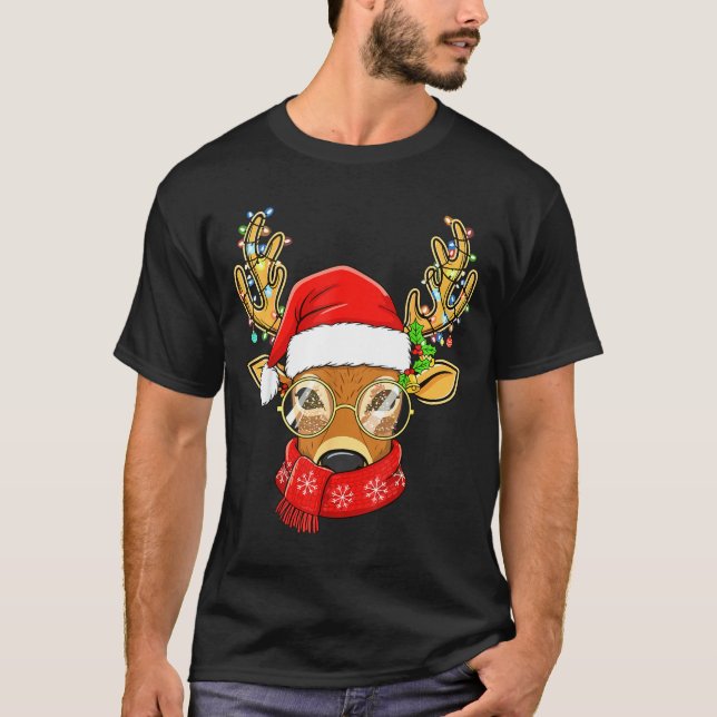 Christmas Reindeer Lights Gles Santa Hat Deer Xmas T-Shirt (Front)