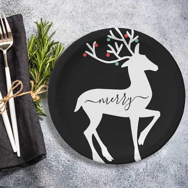 Christmas Reindeer Merry Black Paper Plate (Christmas Reindeer Merry Black Paper Plates)
